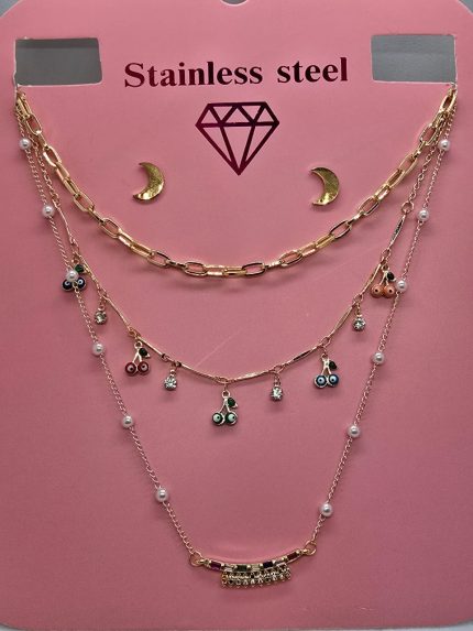 collar de tres caidas de cerezas con dije piedras