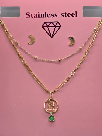 collar de dos caidas con dije de pareja y piedra cambiacolor