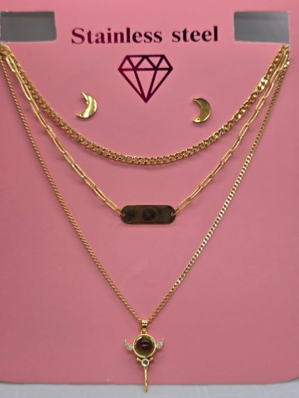collar de tres caidas con placa y dije de bastón cambiacolor