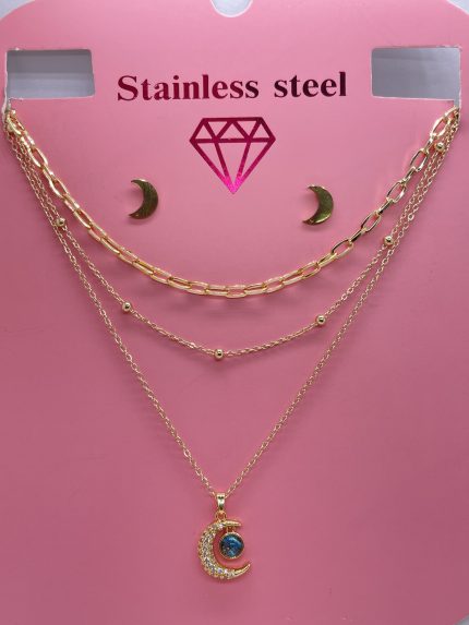 collar de tres caidas con dije de luna con punto cambiacolor