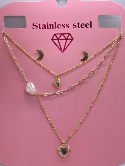 collar de tres caidas con perla y dije de corazón