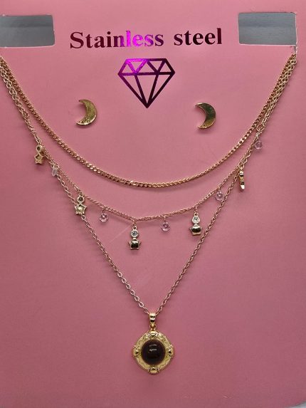 collar de tres caidas con dije redondo cambiacolor